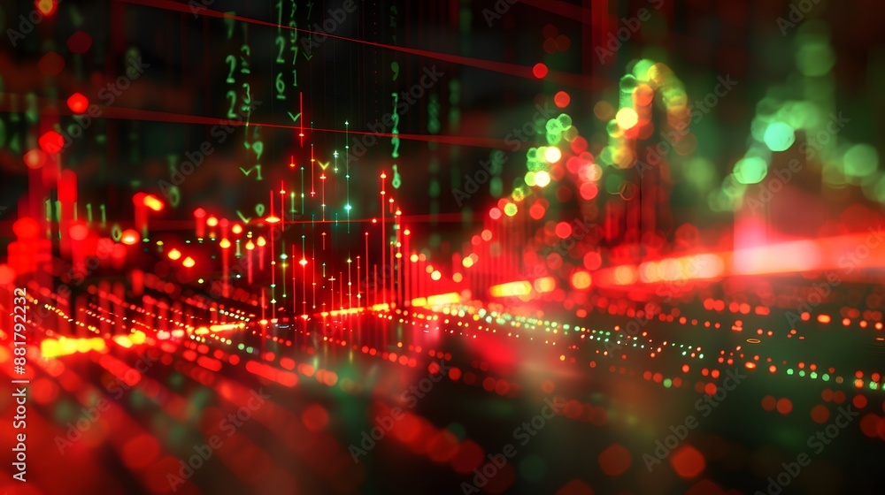 Poster abstract financial data chart with red and green lines representing market trends and analysis in a 