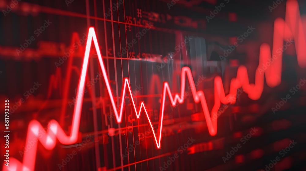 Poster abstract financial graph illustration with red lines indicating market trends and fluctuations, usef
