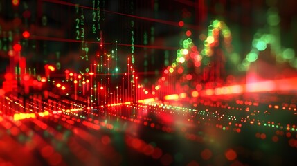 Fototapeta premium Abstract financial data chart with red and green lines representing market trends and analysis in a futuristic, digital style. Abstract blur background.