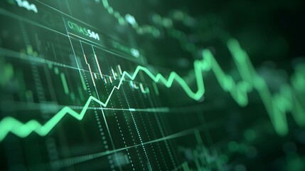 Abstract financial data showing green line graph on digital screen, representing market trends and stock fluctuations. Abstract blur background.