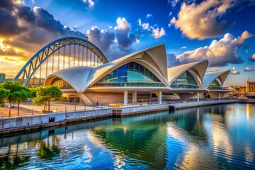 Obraz premium Iconic waterfront scenery featuring a majestic performing arts center with dramatic sail-like roofs against a vibrant blue sky, with a steel arch bridge nearby.