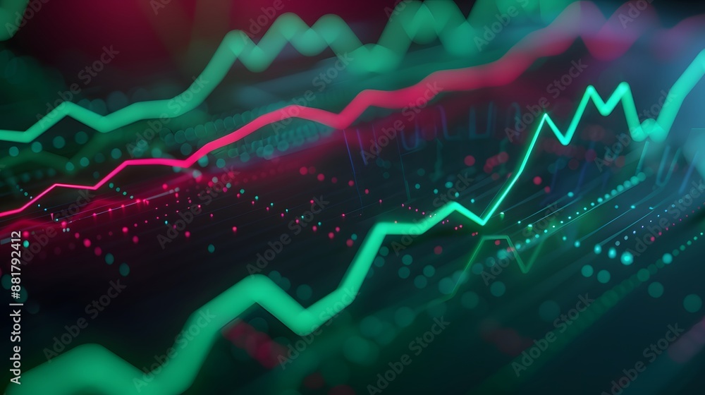 Poster abstract financial graph with green and red lines, depicting market trends and data analysis on a di