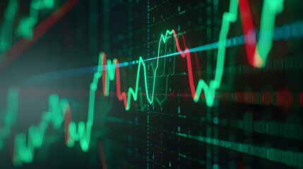 Obraz premium Abstract financial graph with green and red lines representing market data analysis, conveying economic trends and investment concepts. Abstract blur background.