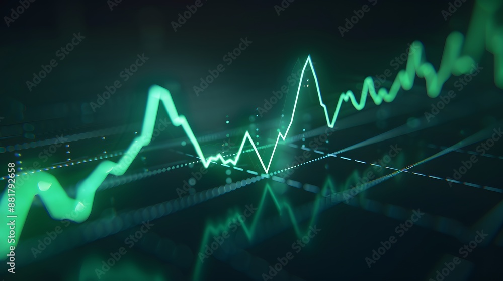 Poster abstract green financial chart showing data trends and market performance with a glowing effect on a