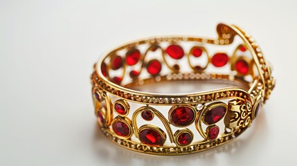 Red and gold cuff bracelet on white background with copy space showcasing female gemstone bangle jewelry in close up