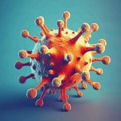 Microscopic enlargement of orange virus - respitory virus outbreak - floating cells in body - virus shaped as covid, influenza, sars, corona, hiv, mers, cholera, variola, measles - disease organisms