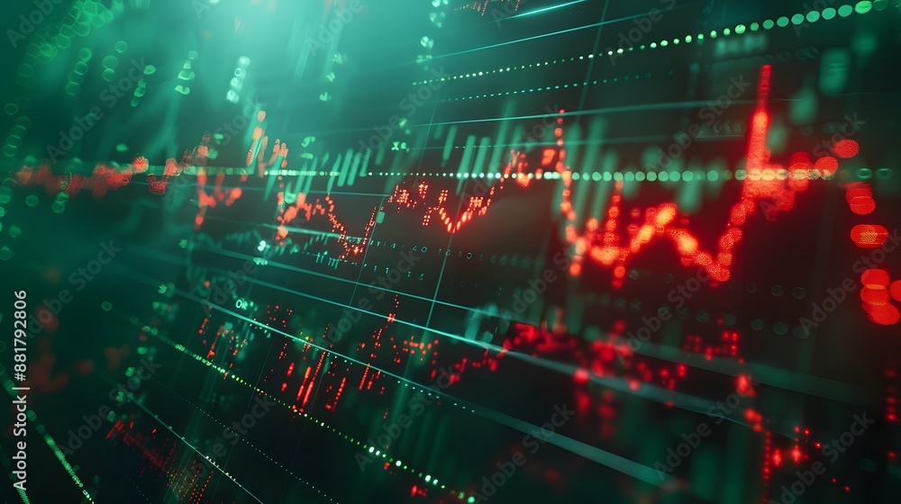Poster abstract image of a stock market graph displaying red and green data lines, representing financial s