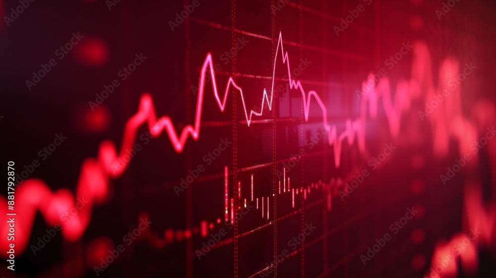 Poster abstract red financial data graph decreasing and stock market trends on led screen display backgroun