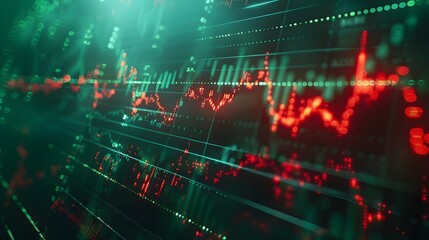 Abstract image of a stock market graph displaying red and green data lines, representing financial statistics and trading activities. Abstract blur background.
