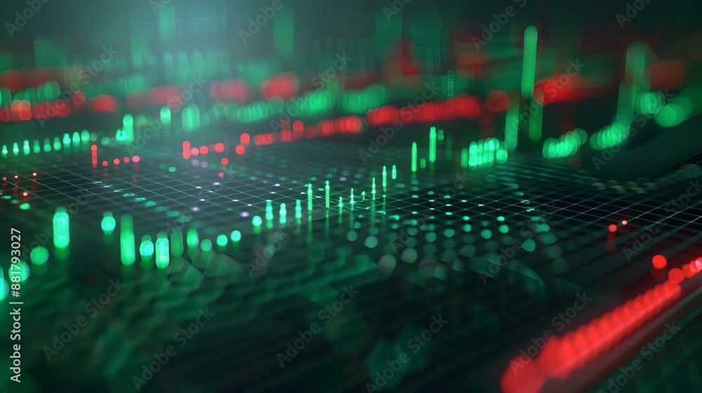 Poster abstract visualization of stock market data with green and red financial charts representing trading