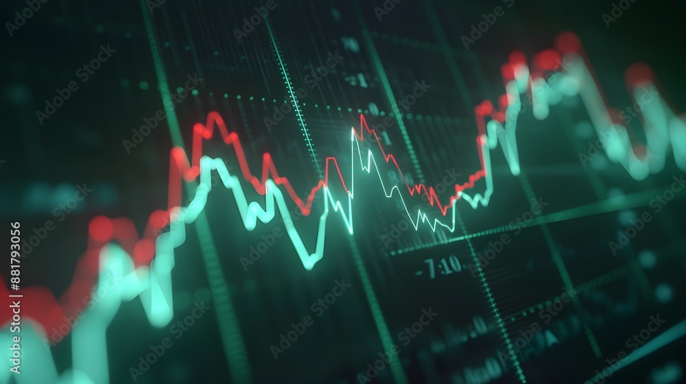 Poster close up view of financial stock market chart with red and green candlestick patterns depicting mark