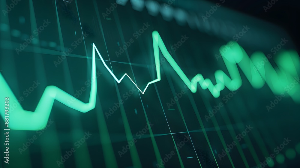 Poster close-up of a digital graph showing fluctuating data, representing financial market trends and analy
