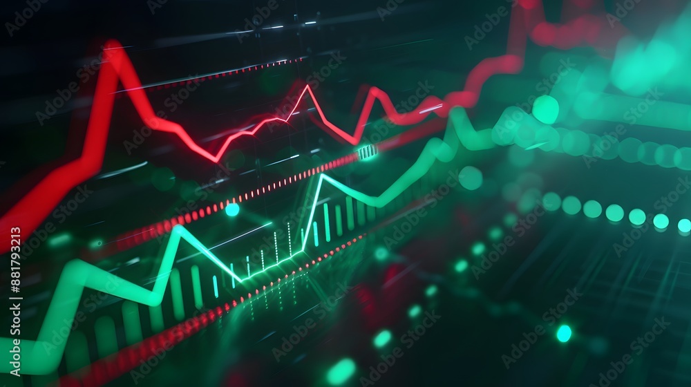 Poster close-up of a digital stock market chart showing fluctuating prices with green and red lines represe