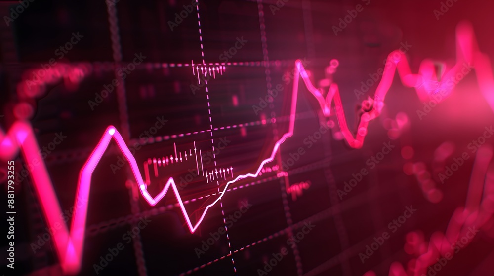 Poster close-up of a digital stock market graph in red, showcasing market trends and financial data analysi