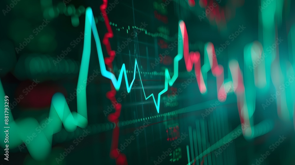 Poster close-up of a digital stock market graph showing financial data trends with green and red lines on a