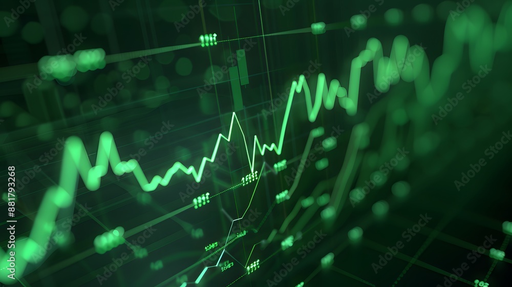 Poster close-up of a digital stock market graph with green lines showing financial data and trends for econ