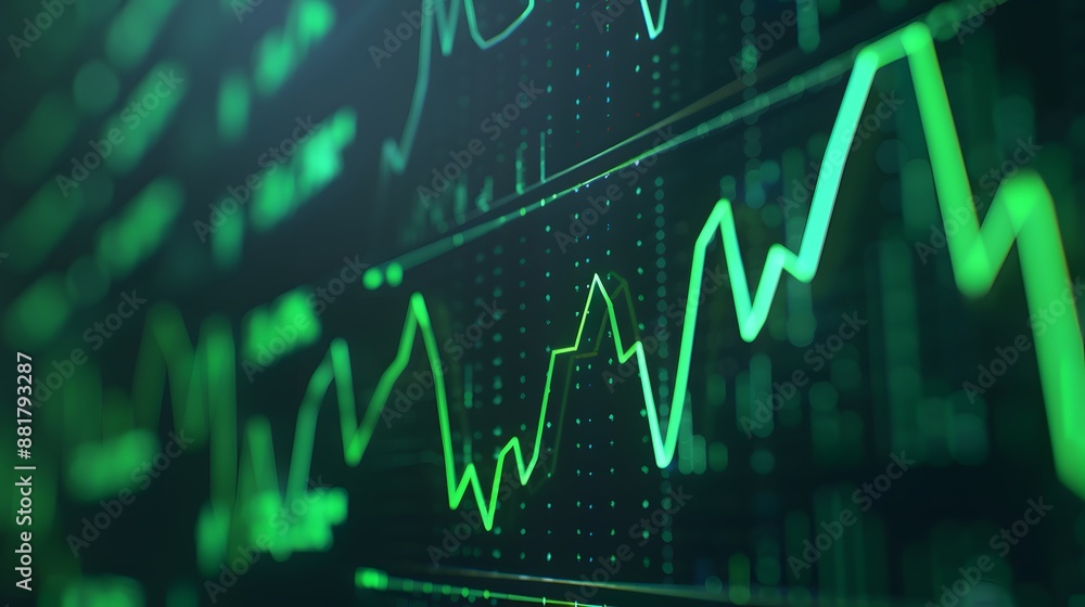 Poster close-up of a financial chart depicting stock market trends with fluctuating graph lines on a digita