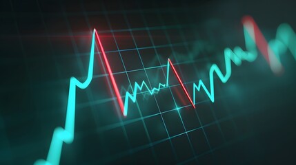 Close-up of a digital stock market chart with bright green and red candlesticks showing fluctuating trends over a dark background. Abstract blur background.