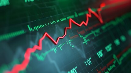 Close-up of a digital stock market ticker showing fluctuating prices with a red downward trend line on a green background. Abstract blur background.