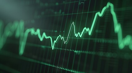 Close-up of a financial chart with green lines on a dark background, representing market trends and stock analysis. Abstract blur background.