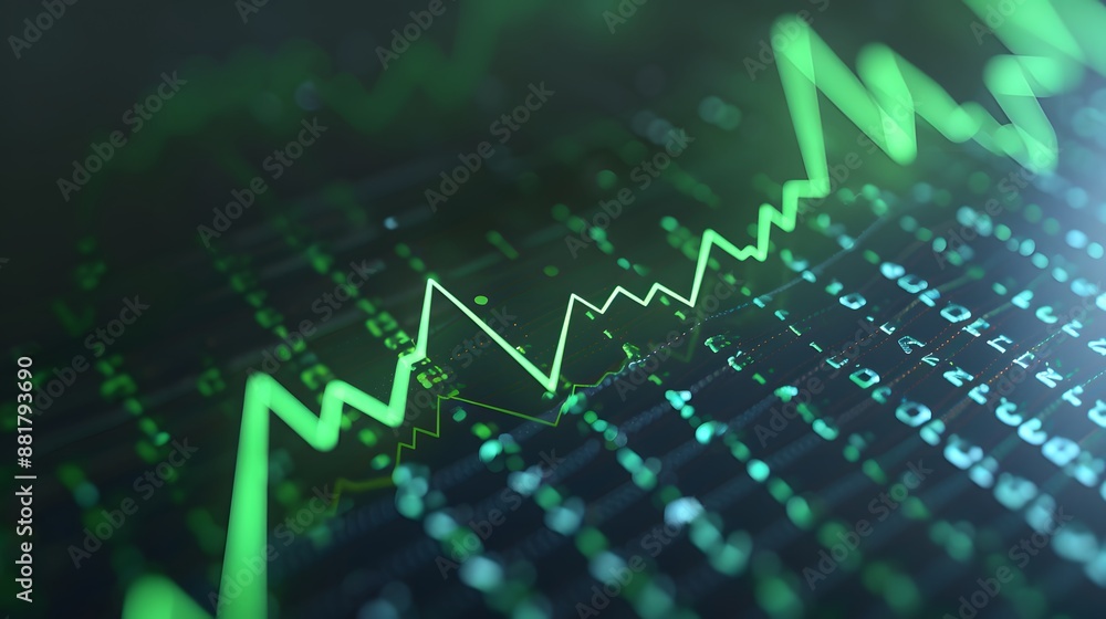 Poster close-up of a green financial graph on a digital screen showing stock market trends and data analyti