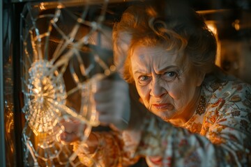Fototapeta premium Mature angry woman breaks glass in oven with fist in kitchen cooking. angry grandmother shaking her rolling pin. Flour all over her face.