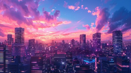 Fototapeta premium Cityscape at Sunset with Vibrant Pink Clouds