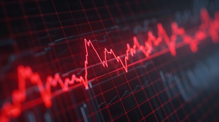 Fototapeta premium Close-up of a red heartbeat waveform on a dark grid background, representing heart health, medical technology, and cardiovascular monitoring. Abstract blur background.
