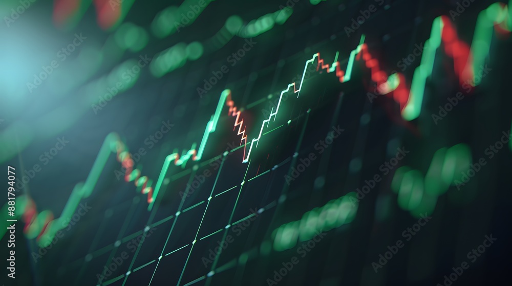 Poster close-up of a stock market graph displaying trading data with green and red candlesticks, indicating