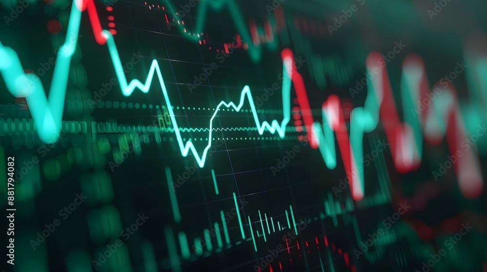 Poster close-up of a stock market graph showing volatile price movements with green and red bars representi