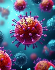 Microscopic enlargement of red virus - respitory virus outbreak - floating cells in body - virus shaped as covid, influenza, sars, corona, hiv, mers, cholera, variola, measles - disease organisms
