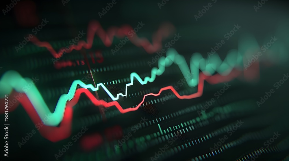 Poster close-up of financial stock market graph with red and green lines representing market trends and flu