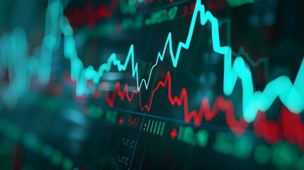 Fototapeta premium Close-up of financial stock market trading graph with bright red and blue lines showcasing fluctuating data and trends in a modern interface.