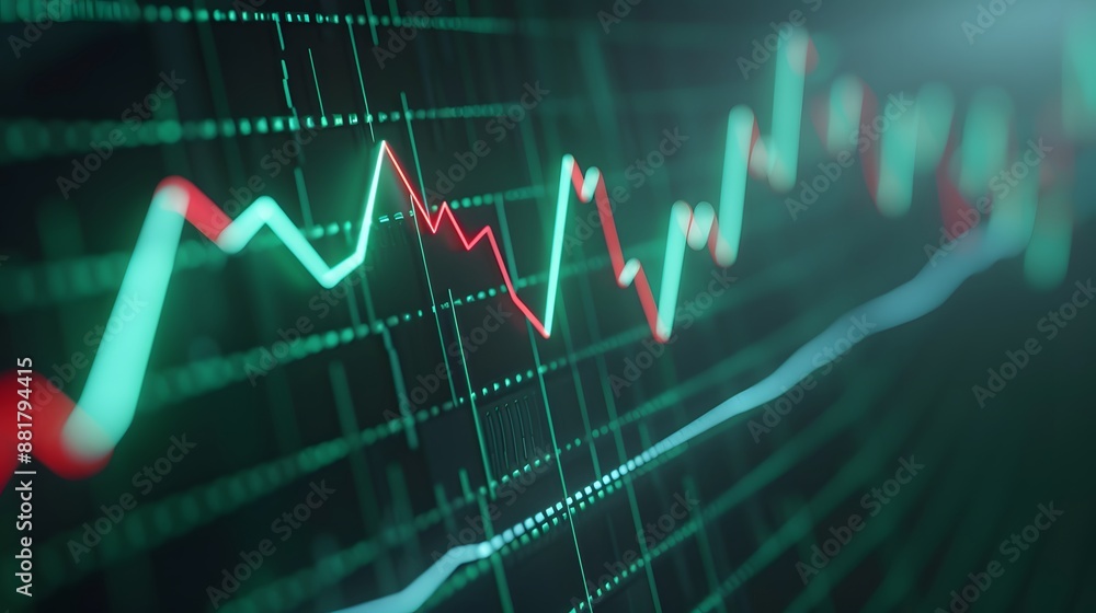 Poster close-up of stock market graph showing trading trends with green and red lines on a black background