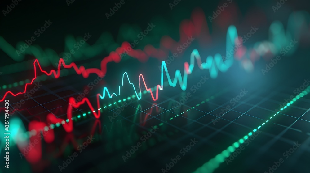 Poster close-up view of a digital screen displaying fluctuating financial graphs and stock market data in r