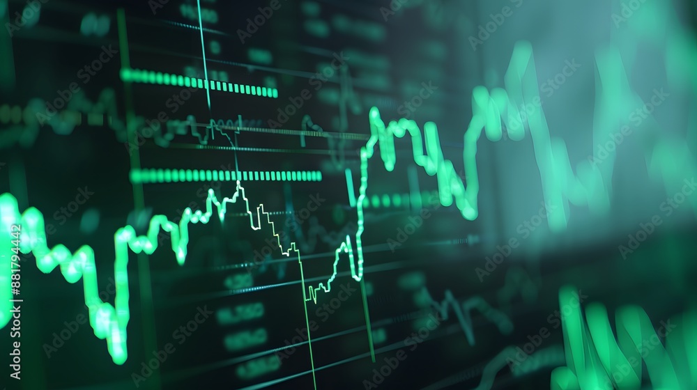Poster close-up view of a digital stock market chart displaying financial data analysis with green lines an