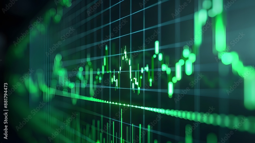 Poster close-up view of a financial chart showcasing market trends and stock analysis with green graph line