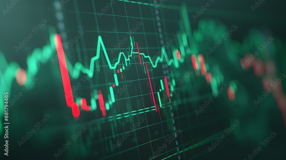 Poster close-up view of a financial stock market chart with green and red candlestick patterns indicating e