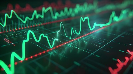 Fototapeta premium Close-up of stock market graph, financial data, green and red lines, economic trends, and investment analysis concept. Abstract blur background.