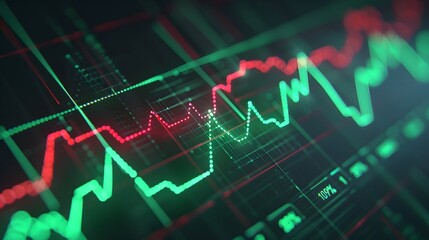 Fototapeta premium Close-up of stock market trading chart with red and green candlesticks highlighting financial market trends and data analysis. Abstract blur background.