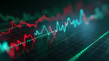 Fototapeta premium Close-up view of a digital screen displaying fluctuating financial graphs and stock market data in red and green colors. Abstract blur background.