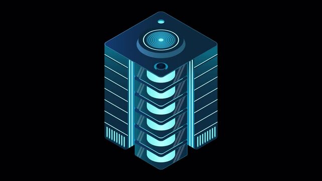 Isometric futuristic server animation. Isometric database or data center. Abstract blockchain. Computer storage. Cloud storage. Transparent background with alpha channel