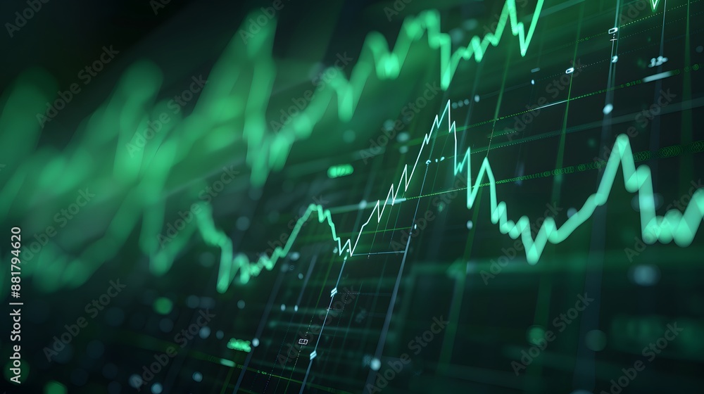 Poster close-up view of a green financial chart displaying stock market trends and data analysis, highlight