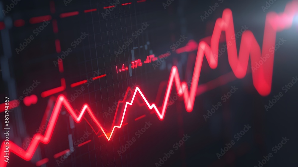 Poster close-up view of a red line graph on a dark background, representing data analysis, financial trends