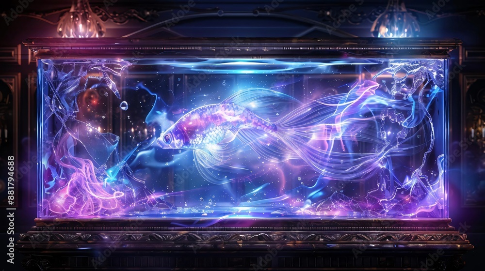 Poster enchanting display of ethereal lights and vibrant colors in a mesmerizing glass case, creating a mag