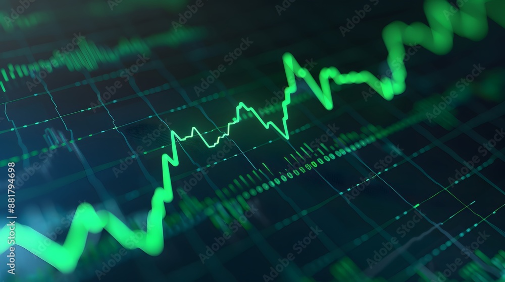 Poster close-up view of a stock market graph showing growth and fluctuations in green lines on a dark backg