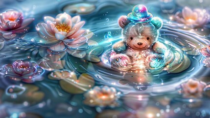 Fototapeta premium Magical teddy bear swimming in a whimsical pond surrounded by glowing lotus flowers, dreamy and enchanting scene.