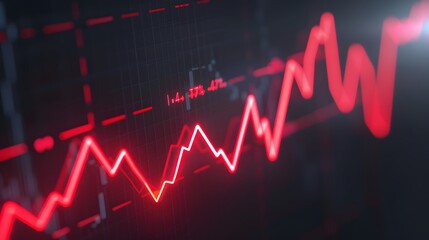 Obraz premium Close-up view of a red line graph on a dark background, representing data analysis, financial trends, or stock market fluctuations. Abstract blur background.