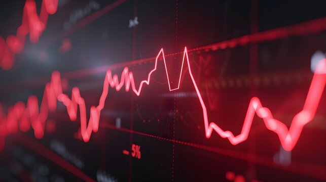 Close-up view of a red financial graph showing market trends and fluctuations on a dark background. Dynamic financial market visualization. Abstract blur background.
