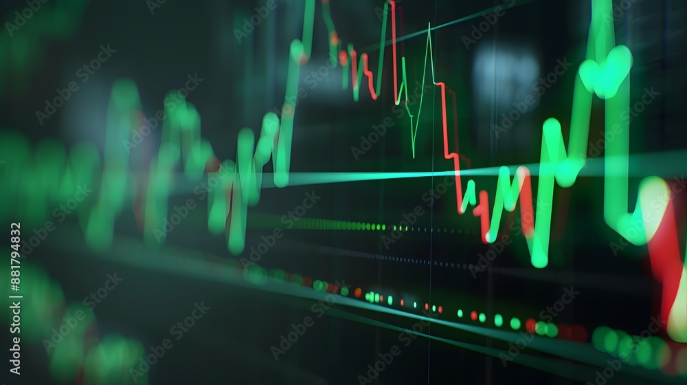 Poster close-up view of a stock market graph displaying green and red trend lines on a dark background, rep